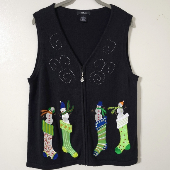 Ugly Christmas Sweater Vest, Snowman & Stocking Holiday Knit, Festive Retro, L - Picture 2 of 14